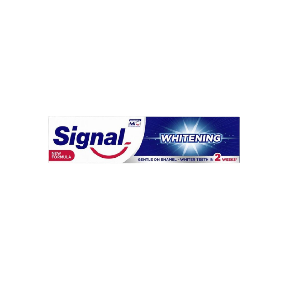 Signal Whitening toothpaste box with new formula, gentle on enamel claim, and blue white packaging