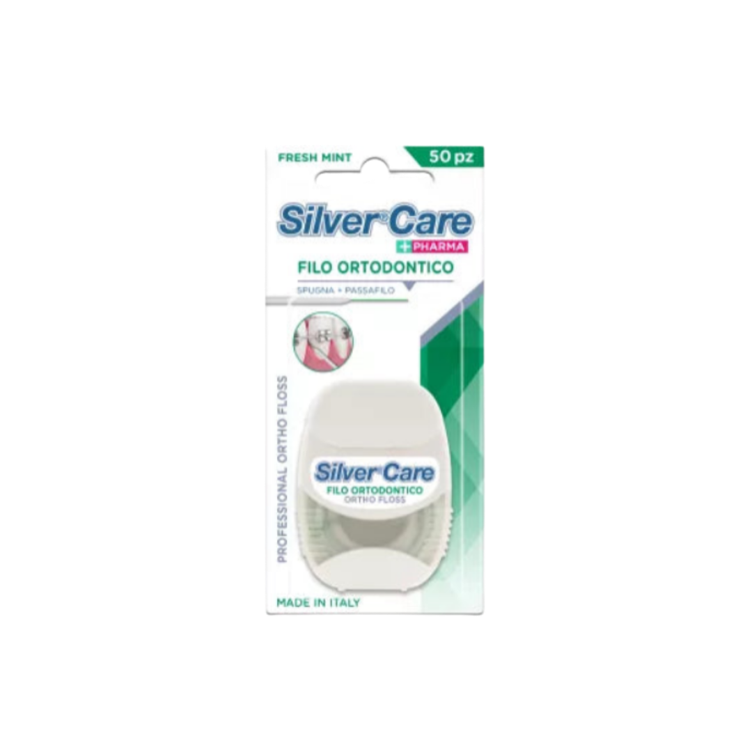 Silver Care Pharma orthodontic dental floss, fresh mint flavor, white plastic case, 50 pieces packaging