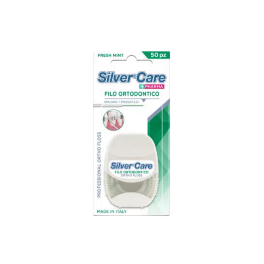 Silver Care Pharma orthodontic dental floss, fresh mint flavor, white plastic case, 50 pieces packaging