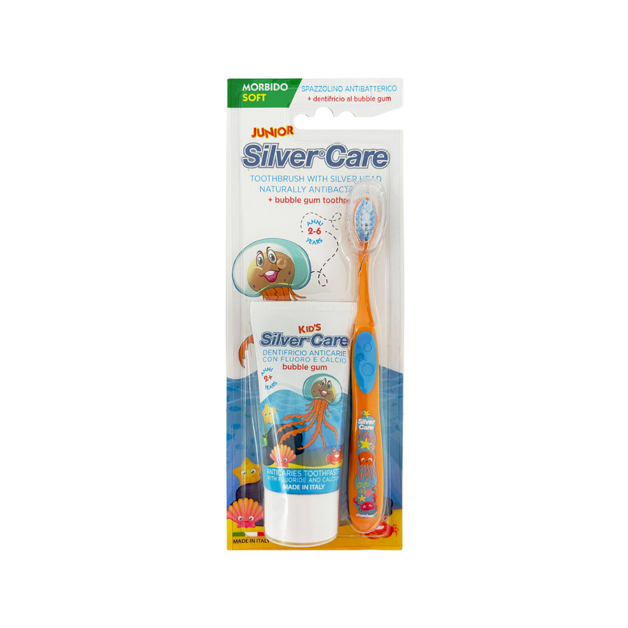 SilverCare Junior soft toothbrush with bubble gum toothpaste 50ml, antibacterial, kids blister pack with cartoon design
