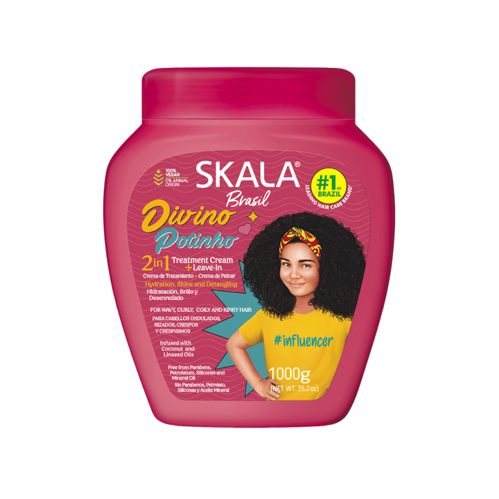 Skala Brasil Divino Potinho 2-in-1 Treatment Cream + Leave-In, 1000g, formulated for wavy, curly, coily, and kinky hair, with coconut and linseed oils. Free from parabens, petroleum, silicones, and mineral oil.