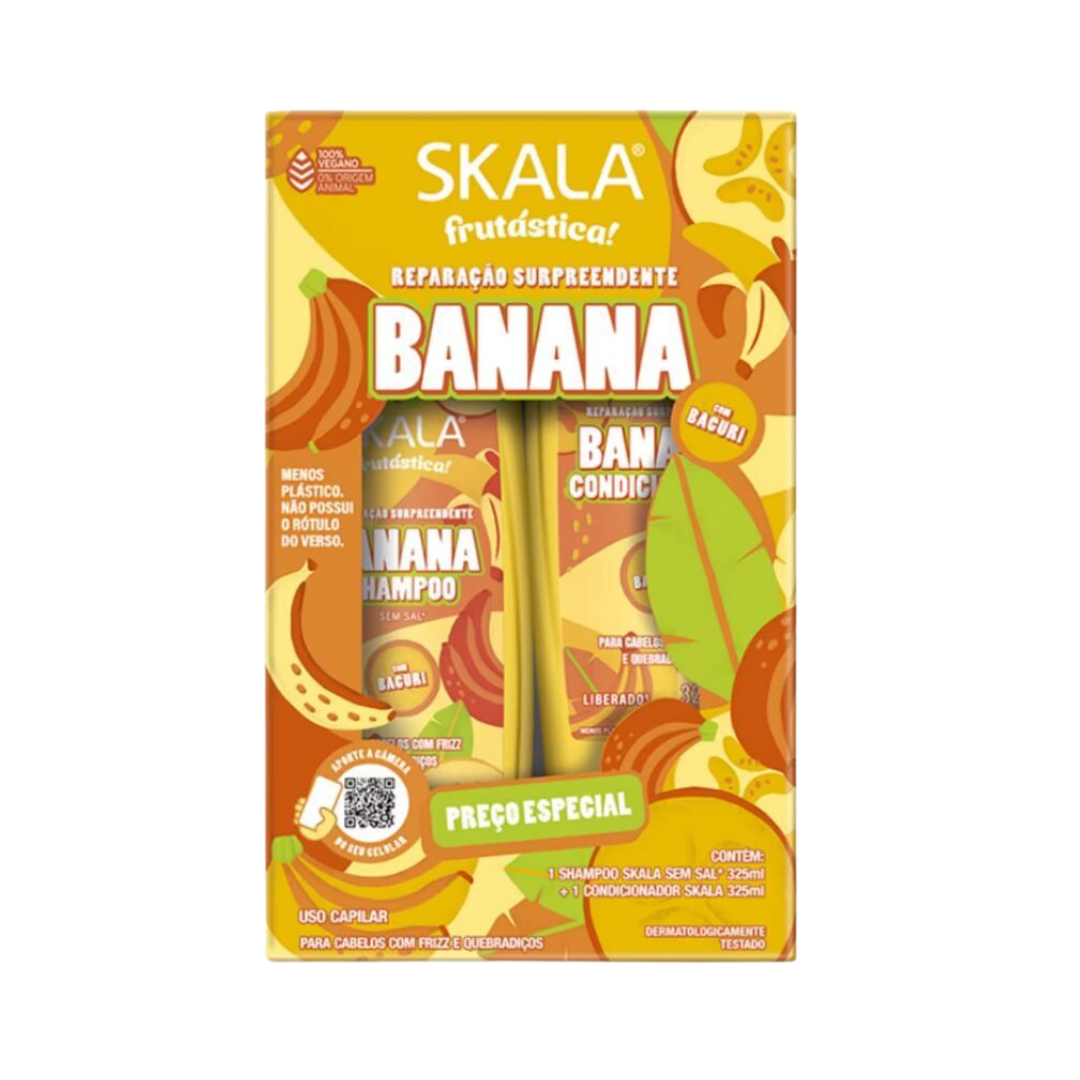 Skala Frutástica Banana shampoo and conditioner set, two 325ml bottles in orange-yellow banana-themed box.