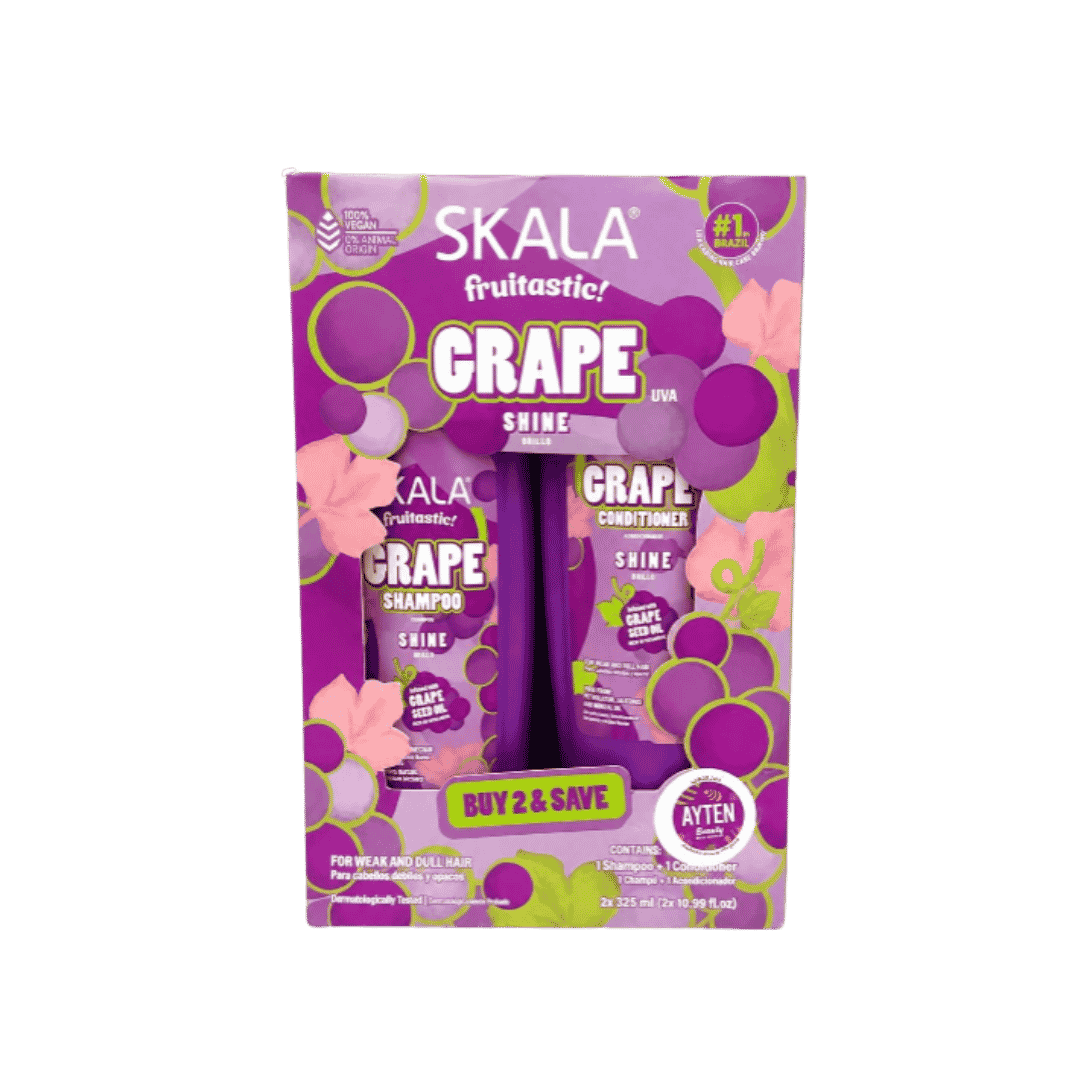 Skala Fruitastic Grape Shine shampoo and conditioner set, two 325ml purple bottles in colorful grape-themed packaging.