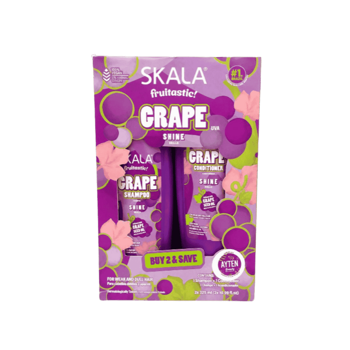 Skala Fruitastic Grape Shine shampoo and conditioner set, two 325ml purple bottles in colorful grape-themed packaging.