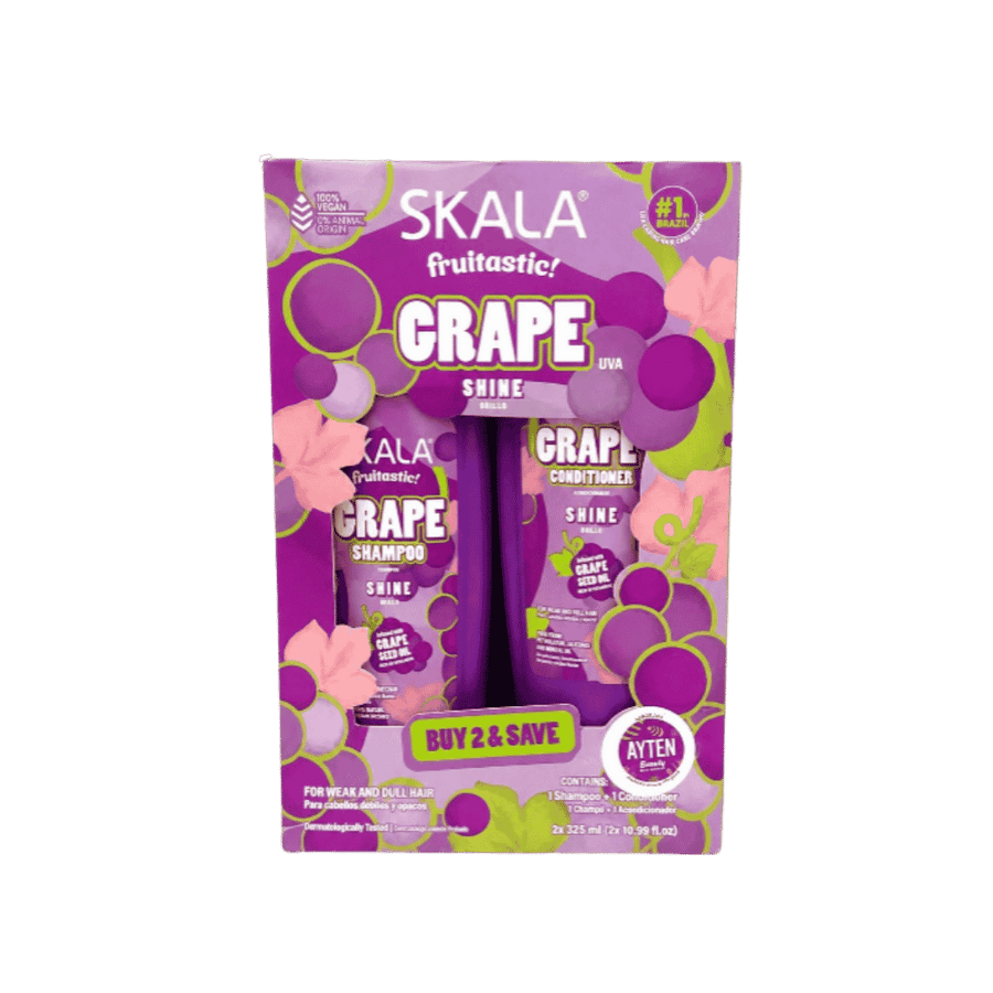 Skala Fruitastic Grape Shine shampoo and conditioner set, two 325ml purple bottles in colorful grape-themed packaging.