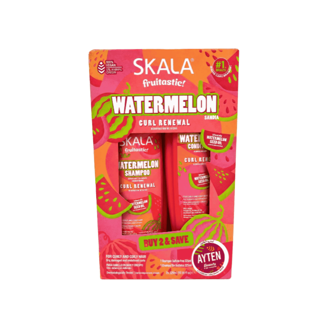 Skala Fruitastic Watermelon Curl Renewal shampoo and conditioner set, two 325ml red bottles in watermelon-themed packaging.