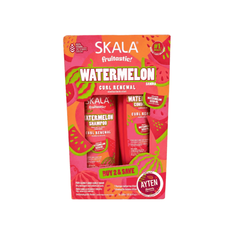 Skala Fruitastic Watermelon Curl Renewal shampoo and conditioner set, two 325ml red bottles in watermelon-themed packaging.