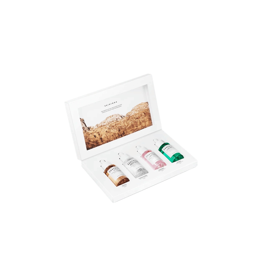Skin1004 Centella Ampoule Kit, white rectangular box open with four ampoules in different colors, landscape graphic inside lid, 1000x1000px 
