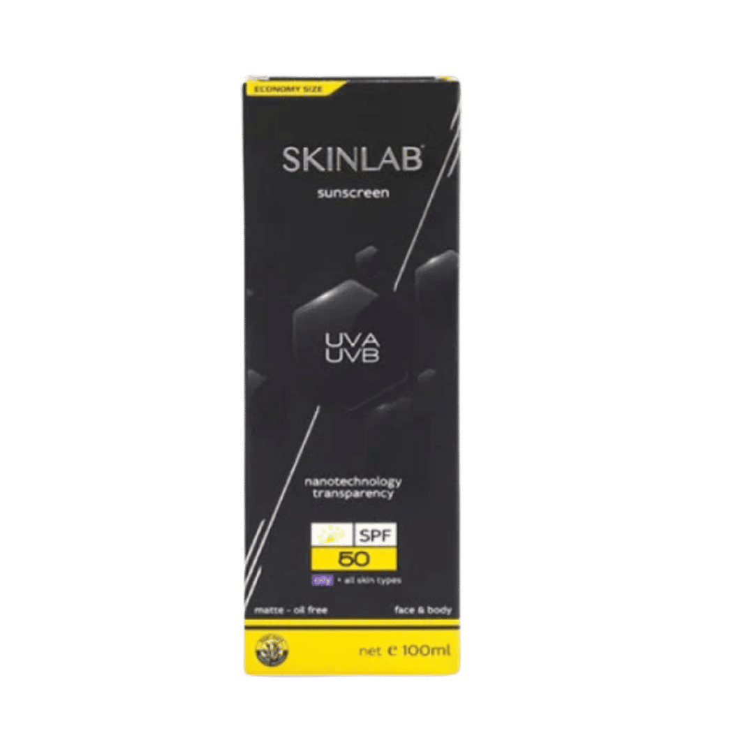 Skinlab SPF 50 sunscreen 100ml black and yellow box for oily skin, face and body.
