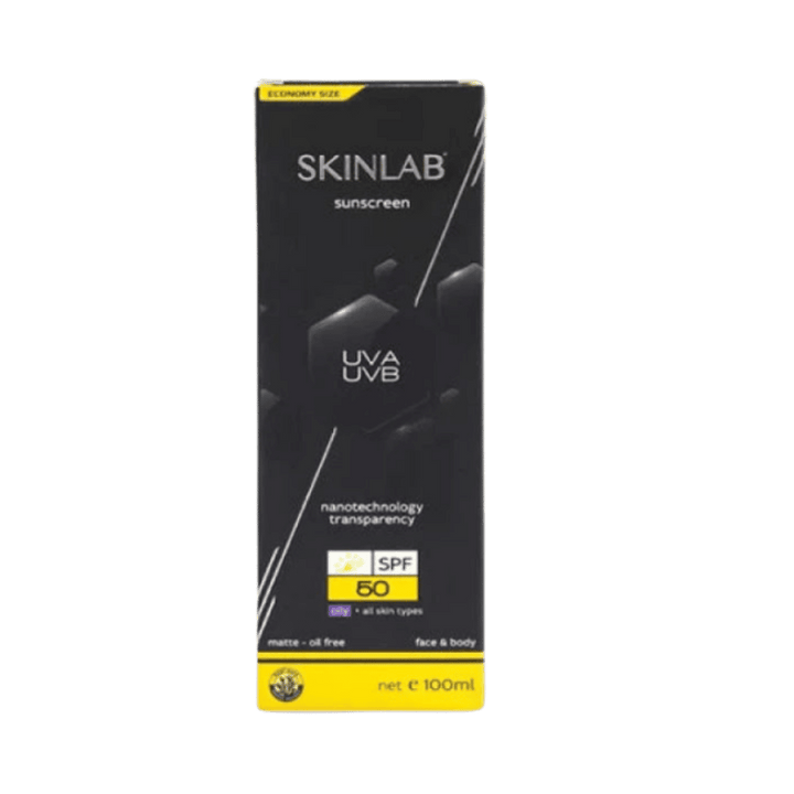 Skinlab SPF 50 sunscreen 100ml black and yellow box for oily skin, face and body.