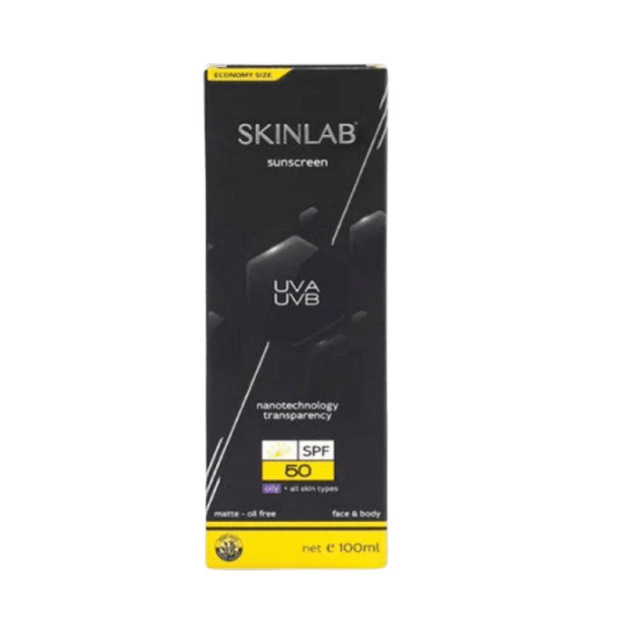 Skinlab SPF 50 sunscreen 100ml black and yellow box for oily skin, face and body.