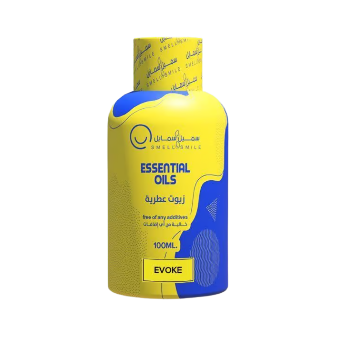 Smell & Smile Essential Oils Evoke fragrance 100ml yellow and blue bottle.