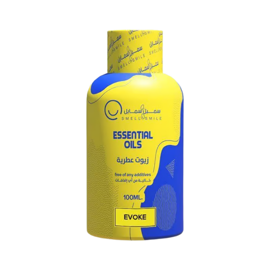 Smell & Smile Essential Oils Evoke fragrance 100ml yellow and blue bottle.