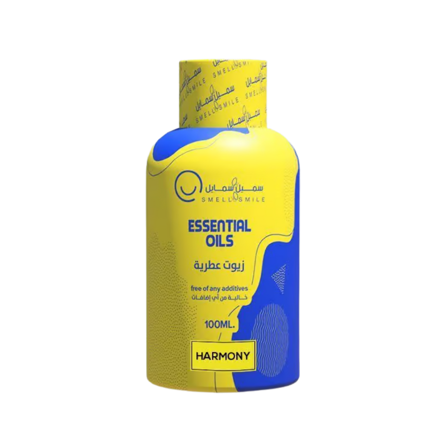 Smell & Smile Essential Oils Harmony blend 100ml bottle, yellow-blue label, screw cap.
