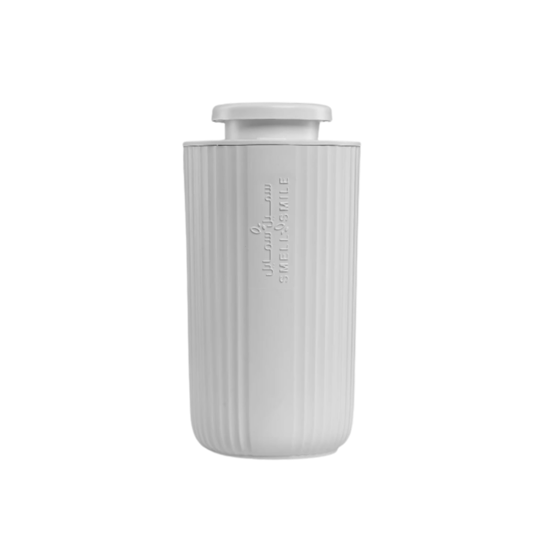 White ribbed cylindrical plastic container with flat push lid and embossed “SMELLOSMILE” logo on front