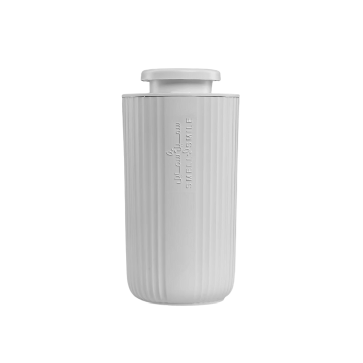 White ribbed cylindrical plastic container with flat push lid and embossed “SMELLOSMILE” logo on front