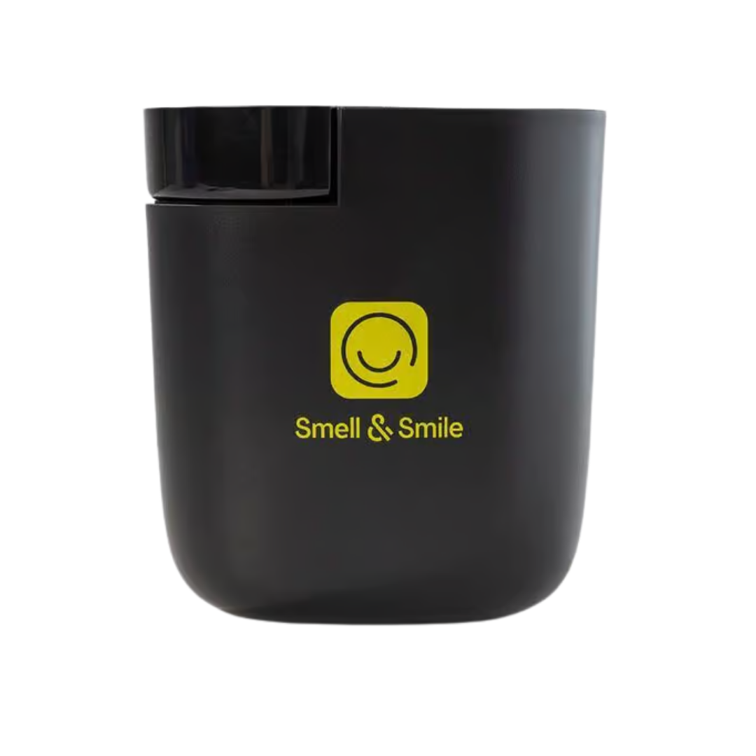 Smell & Smile black electric scent diffuser cylindrical design with yellow logo