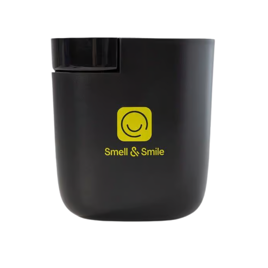 Smell & Smile black electric scent diffuser cylindrical design with yellow logo