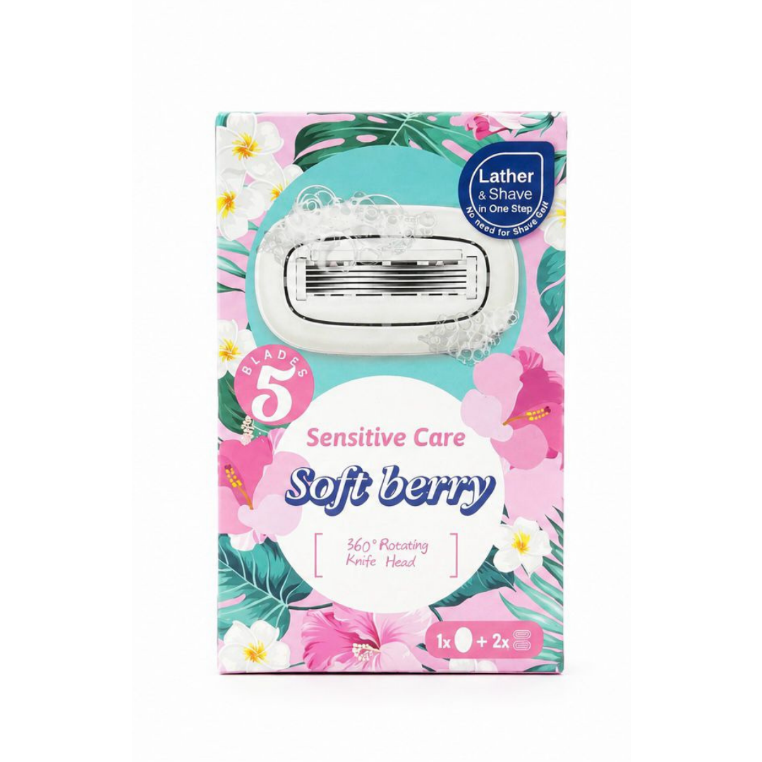 Soft berry Sensitive Care 5 Blades Lather & Shave floral box with razor and refills