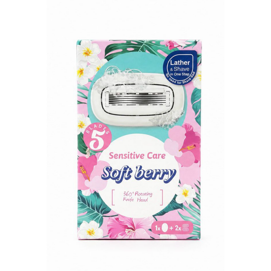 Soft berry Sensitive Care 5 Blades Lather & Shave floral box with razor and refills