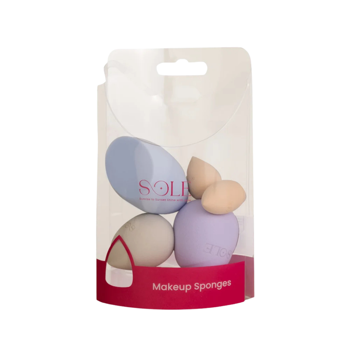 Sole Makeup Sponges 5 piece set with assorted beige purple and blue beauty blender shapes