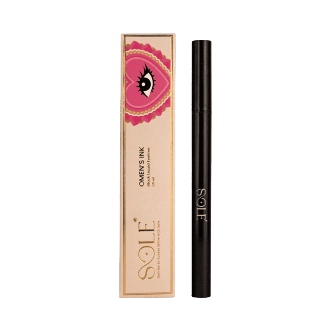 Sole Omen's Ink Black Liquid Eyeliner 0.5ml with visible packaging and product details, including the eyeliner pen and box design.