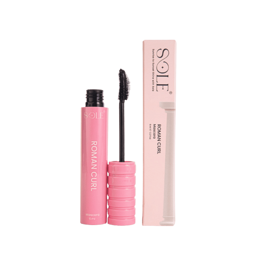 Sole Roman Curl mascara 6ml pink tube with black brush wand and matching box