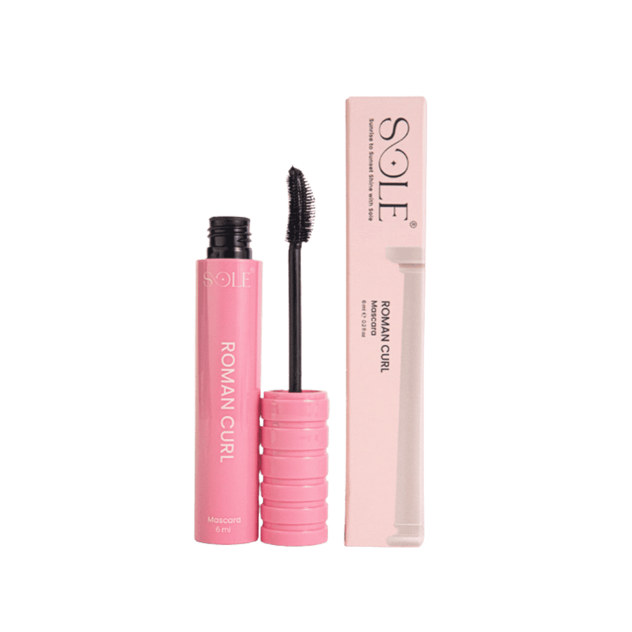 Sole Roman Curl mascara 6ml pink tube with black brush wand and matching box