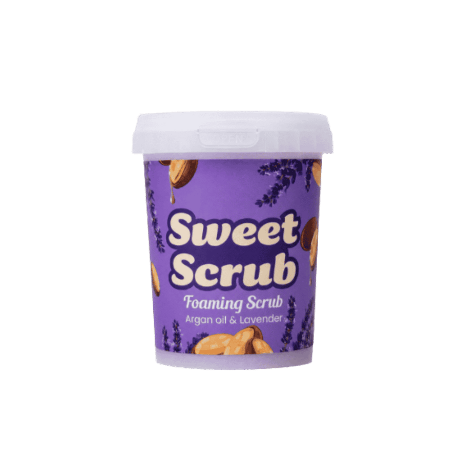 Sweet Scrub foaming body scrub, argan oil and lavender, in purple tub with white lid.