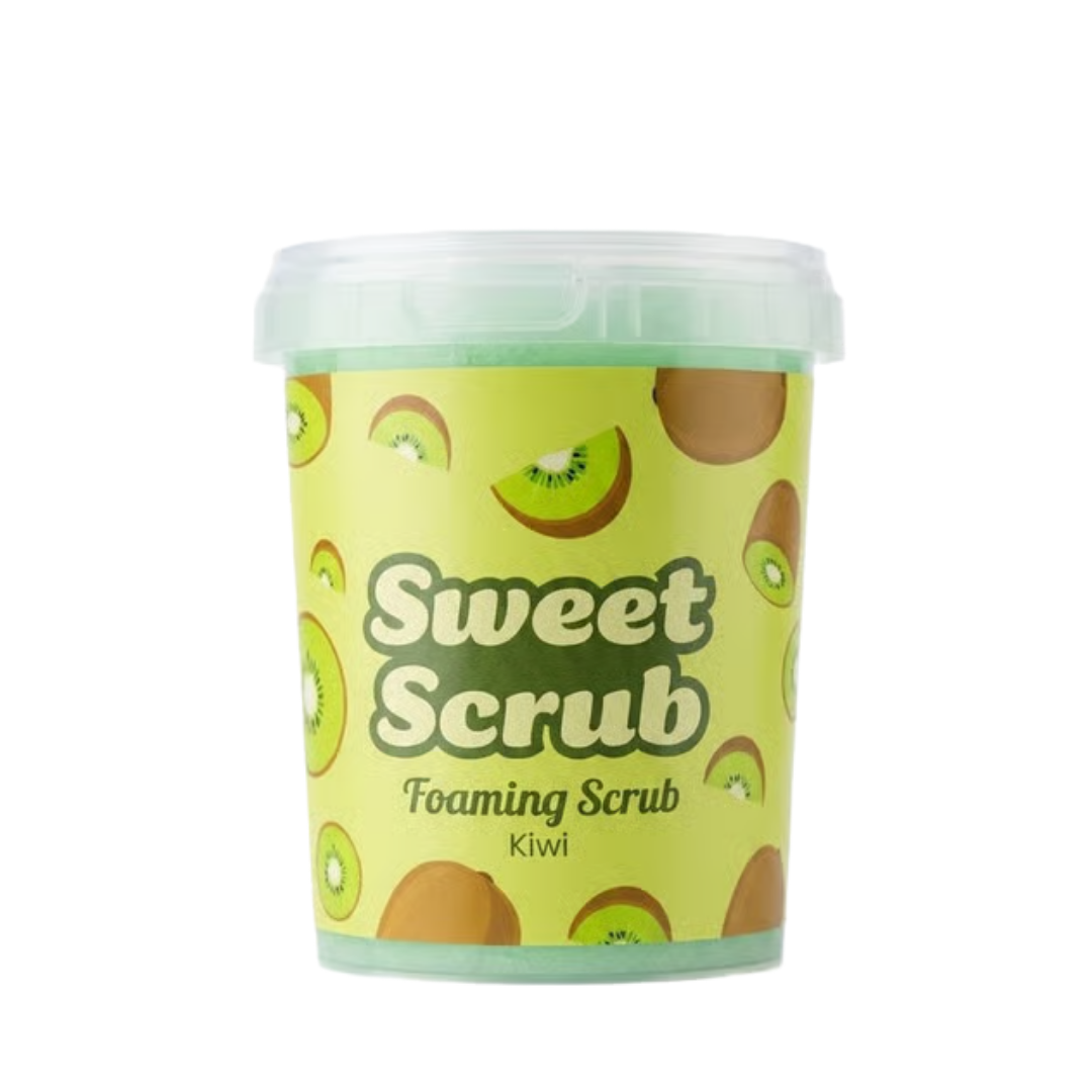 Sweet Scrub Kiwi foaming body scrub, 500g, green cylindrical tub with clear lid and kiwi illustrations