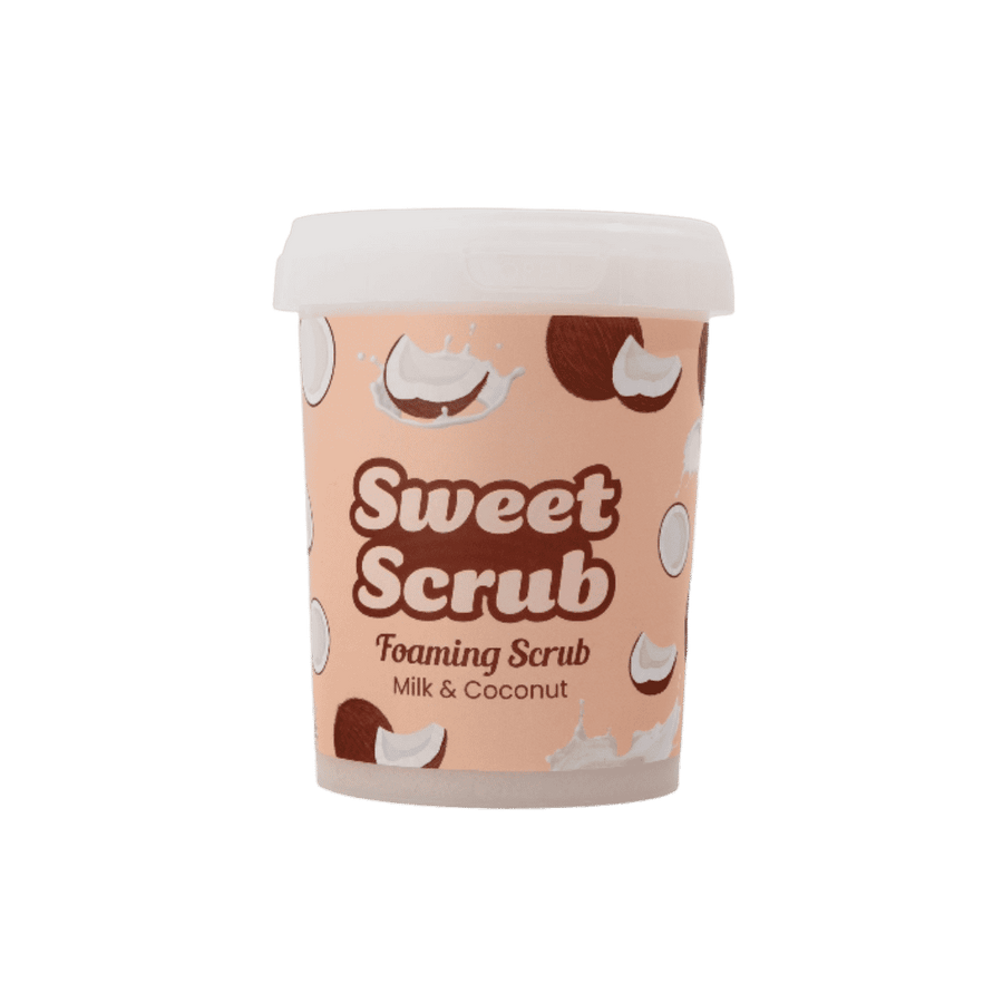 Sweet Scrub foaming body scrub, milk and coconut scent, peach tub with white lid.
