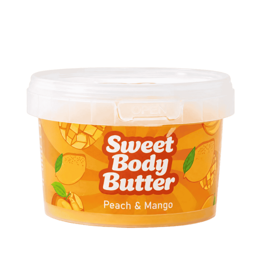 Sweet Scrub peach and mango body butter, 250 ml orange tub with clear plastic lid.