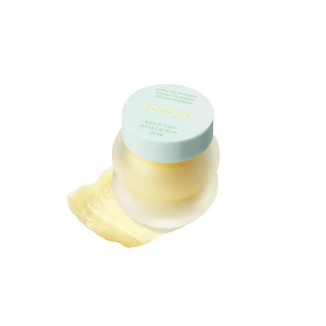 Tocobo Lemon Sugar Scrub Lip Mask, small round jar with light blue lid, yellow scrub inside, visible product texture, 1080x1080px 