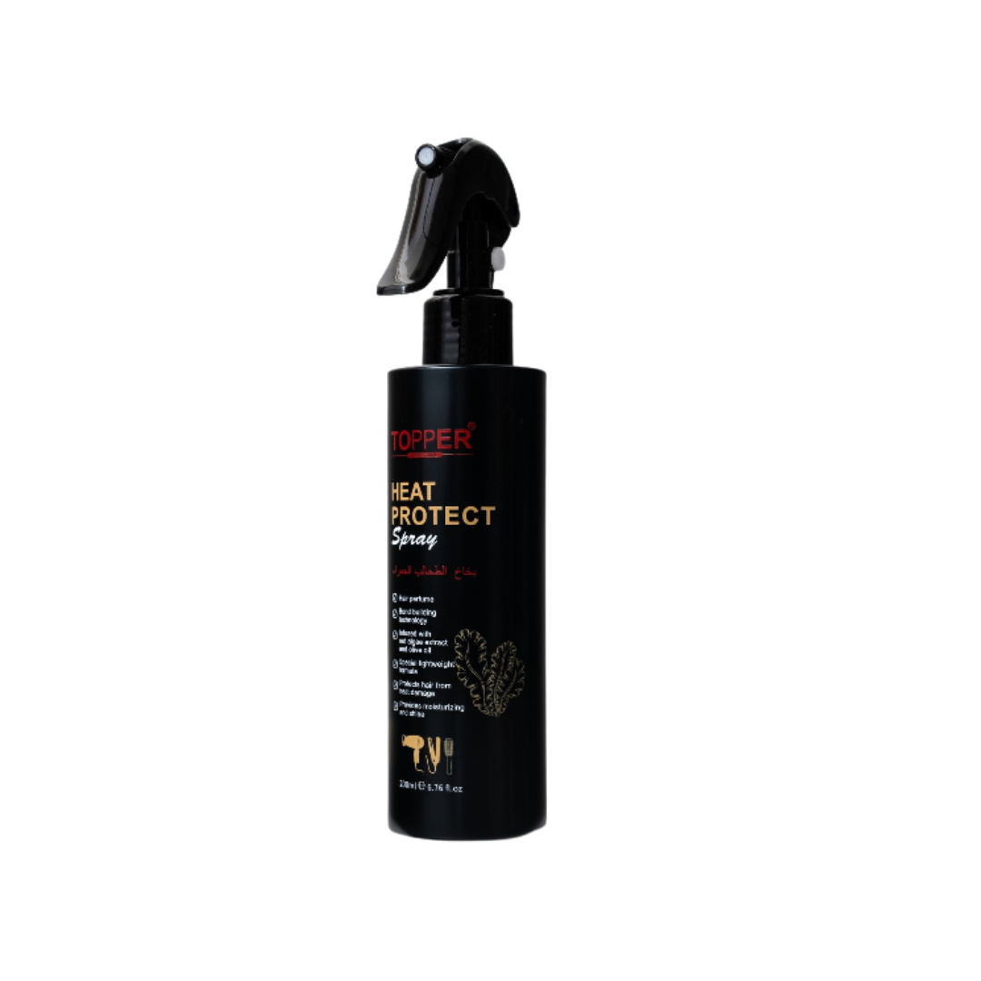 Topper Heat Protect Spray, 200 ml, black bottle with trigger sprayer and gold and red lettering.