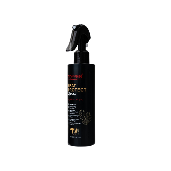 Topper Heat Protect Spray, 200 ml, black bottle with trigger sprayer and gold and red lettering.