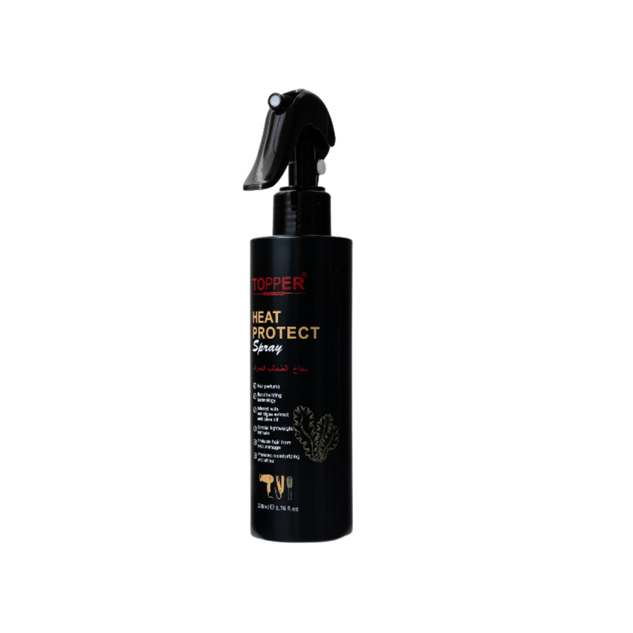 Topper Heat Protect Spray, 200 ml, black bottle with trigger sprayer and gold and red lettering.