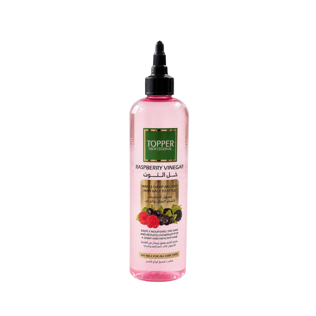 TOPPER Professional Raspberry Vinegar hair styling solution, 400ml pink bottle with black dropper cap