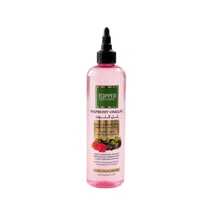 TOPPER Professional Raspberry Vinegar hair styling solution, 400ml pink bottle with black dropper cap