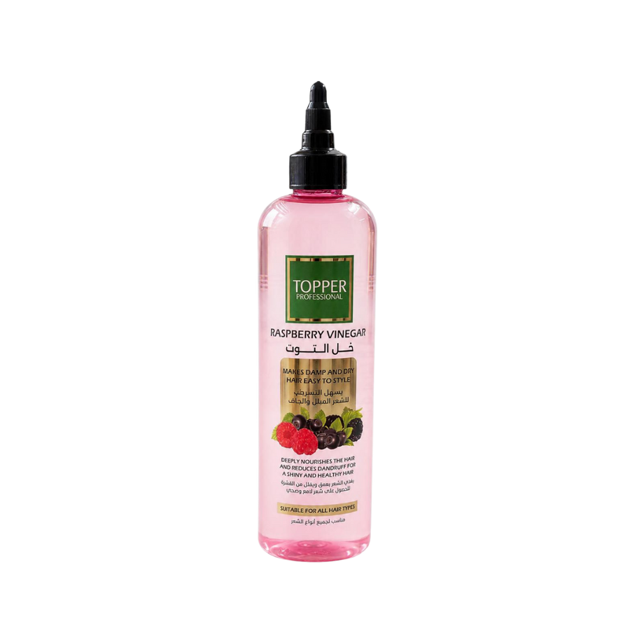 TOPPER Professional Raspberry Vinegar hair styling solution, 400ml pink bottle with black dropper cap