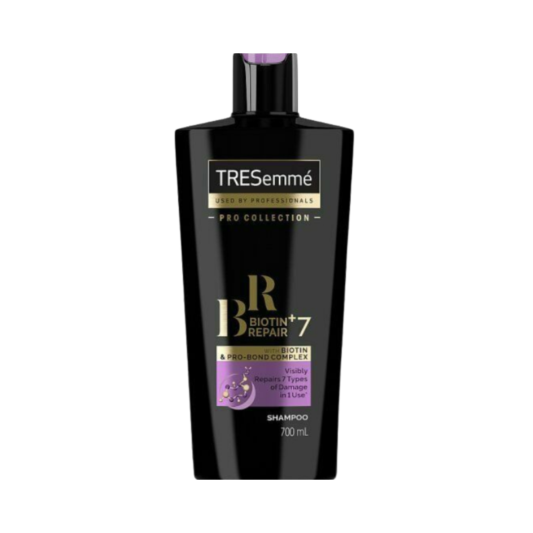 TRESemmé Pro Collection Biotin+ Repair 7 shampoo, black bottle with purple label, 700 ml.