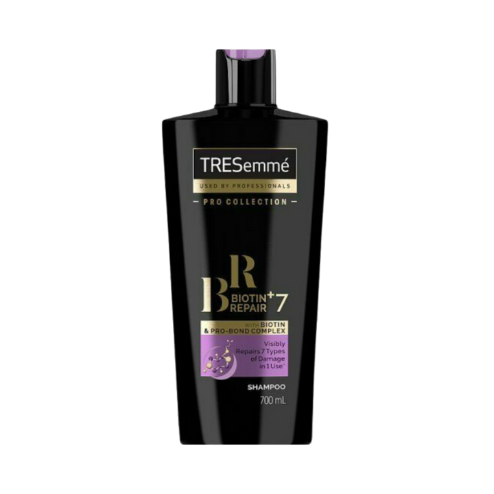 TRESemmé Pro Collection Biotin+ Repair 7 shampoo, black bottle with purple label, 700 ml.