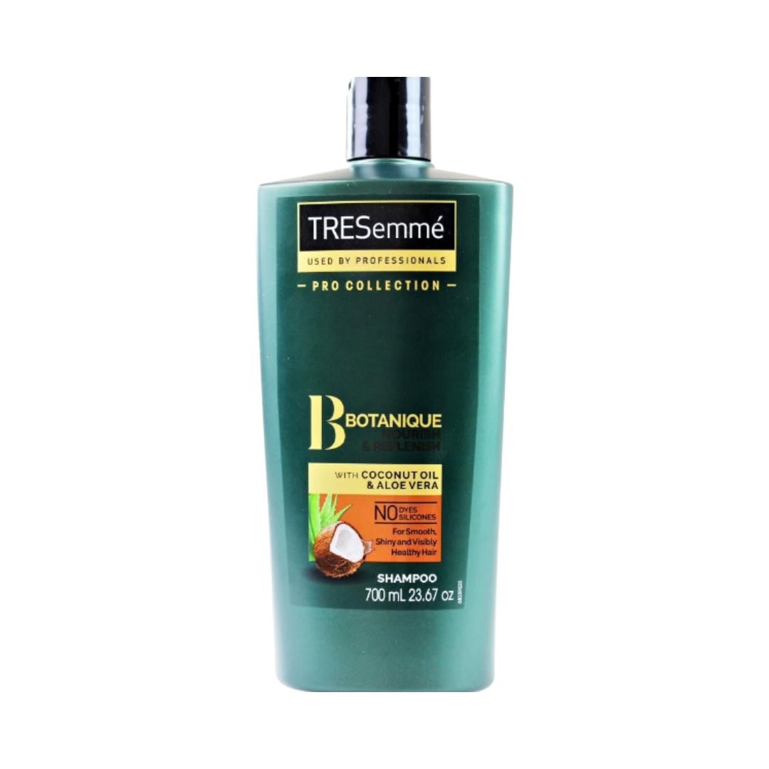 TRESemmé Botanique Nourish & Replenish shampoo with coconut oil and aloe vera, green bottle, 700 ml.