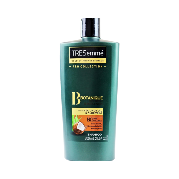 TRESemmé Botanique Nourish & Replenish shampoo with coconut oil and aloe vera, green bottle, 700 ml.