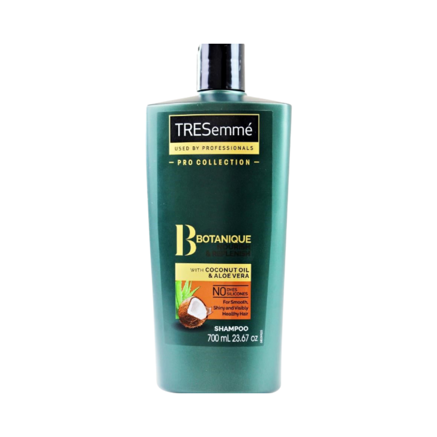 TRESemmé Botanique Nourish & Replenish shampoo with coconut oil and aloe vera, green bottle, 700 ml.