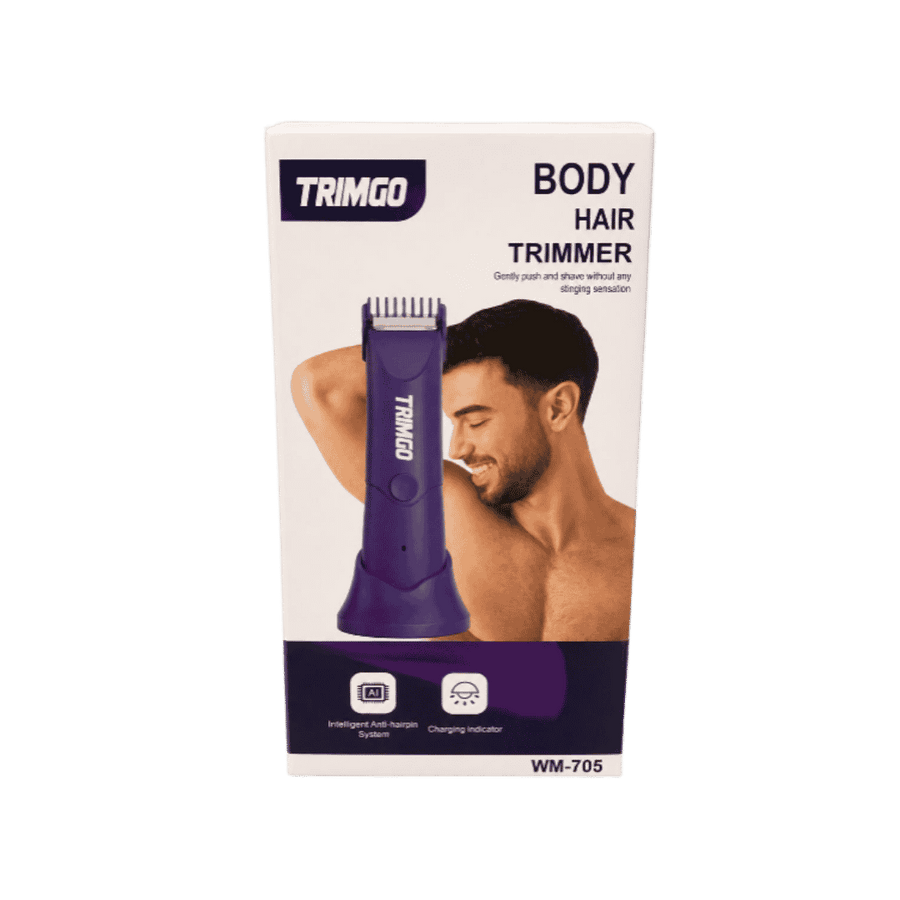 Trimgo Body Hair Trimmer WM-705, purple color, with intelligent anti-hairpin system and charging indicator.