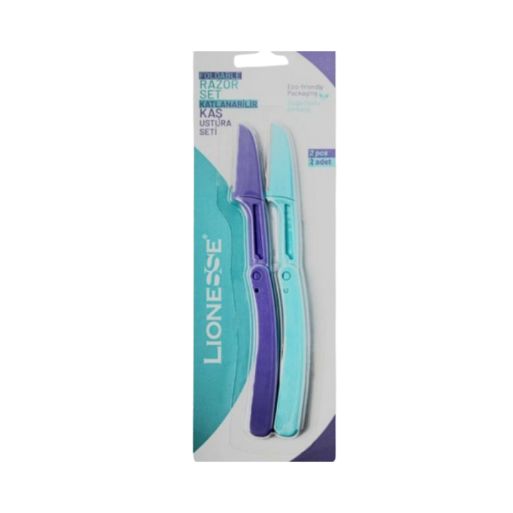 Alt text: "Lionesse Foldable Razor Set, 2-piece set in purple and turquoise, with eco-friendly packaging."