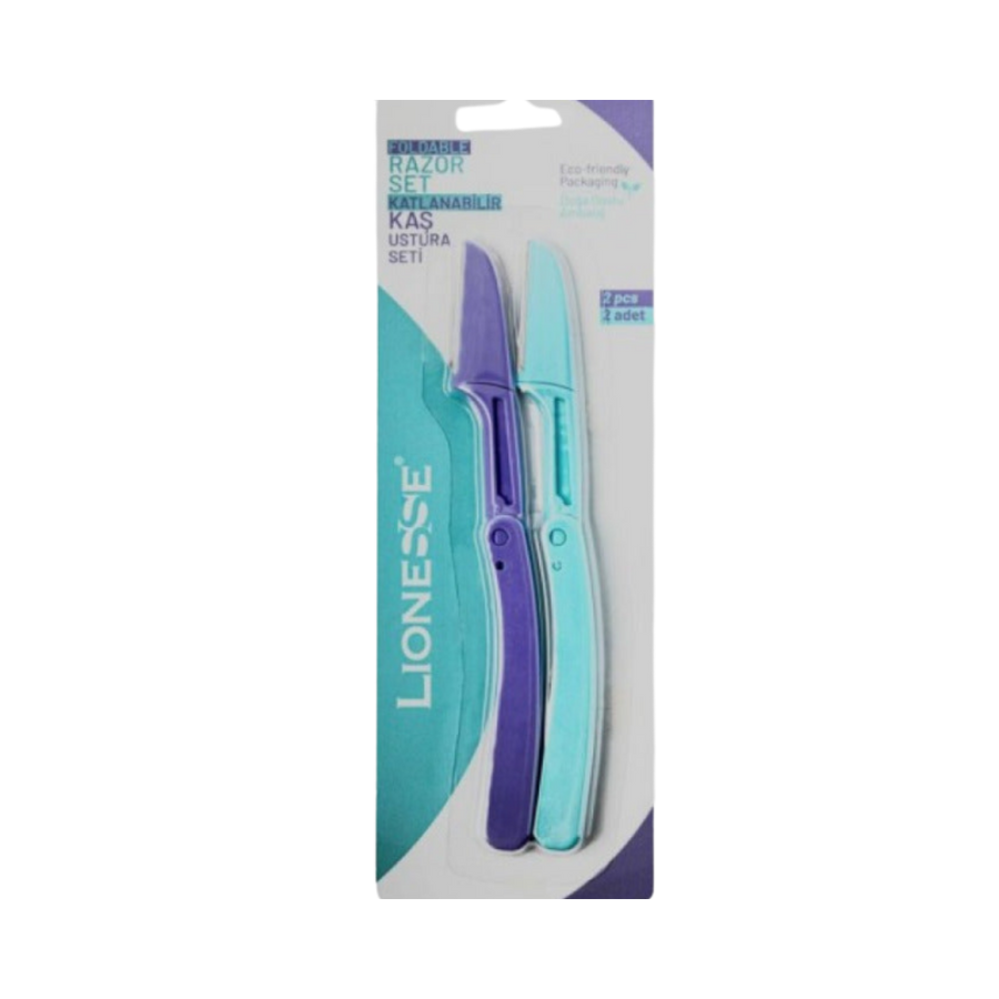 Alt text: "Lionesse Foldable Razor Set, 2-piece set in purple and turquoise, with eco-friendly packaging."