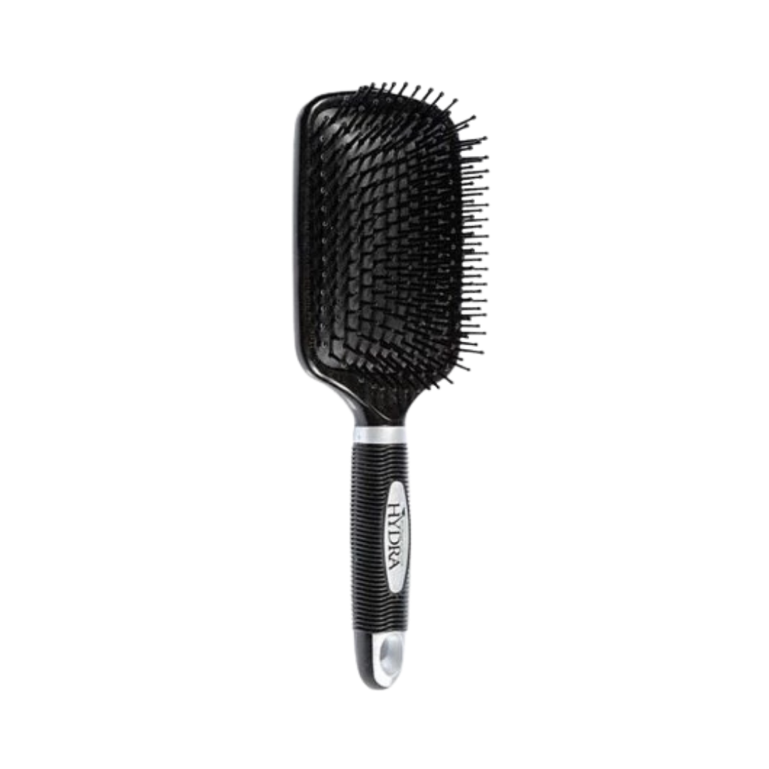 Alt text: Hydra professional hairbrush with black bristles, wide paddle shape, and ergonomic handle.