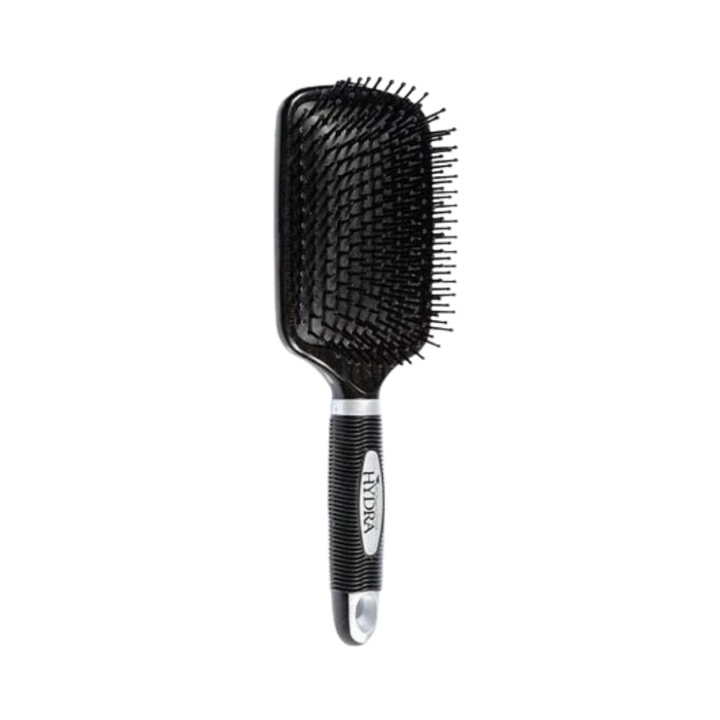 Alt text: Hydra professional hairbrush with black bristles, wide paddle shape, and ergonomic handle.
