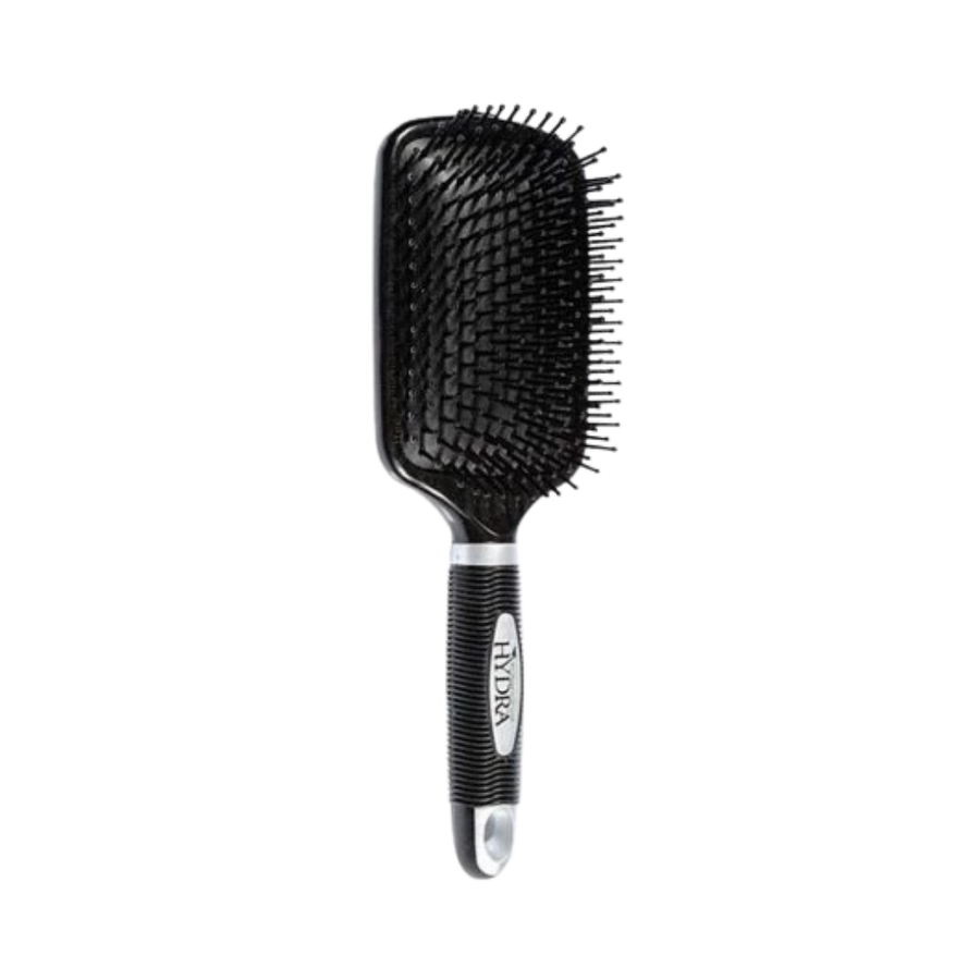Alt text: Hydra professional hairbrush with black bristles, wide paddle shape, and ergonomic handle.